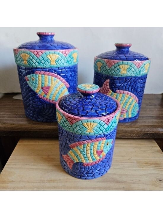Clay Art Mosaics Other - Vintage 90s Clay Art Mosaics 3-piece Ceramic Canister Set